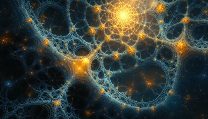 Abstract depiction of the cosmos, intricate networks resembling neural pathways and cosmic dust