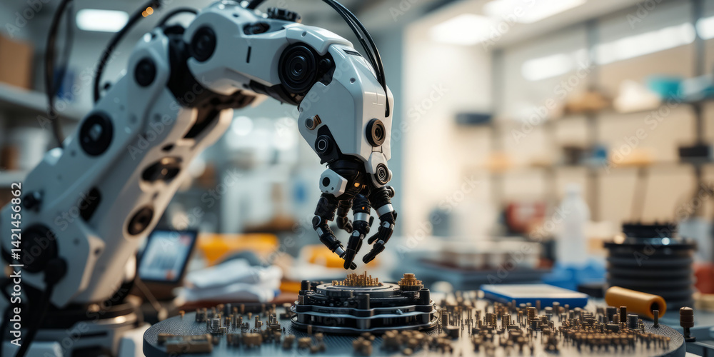 Aufkleber advanced robotic arm assembling components in modern technology workshop environment