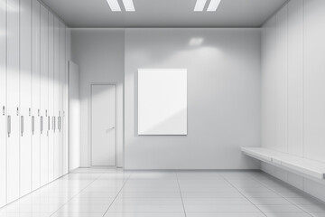 Fototapeta premium Minimalist white room interior design with lockers a door and a blank sign