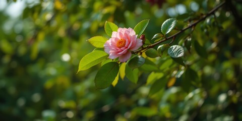 Obraz premium Beautiful Pink Rose Flower on Branch Surrounded by Lush Green Leaves in Nature