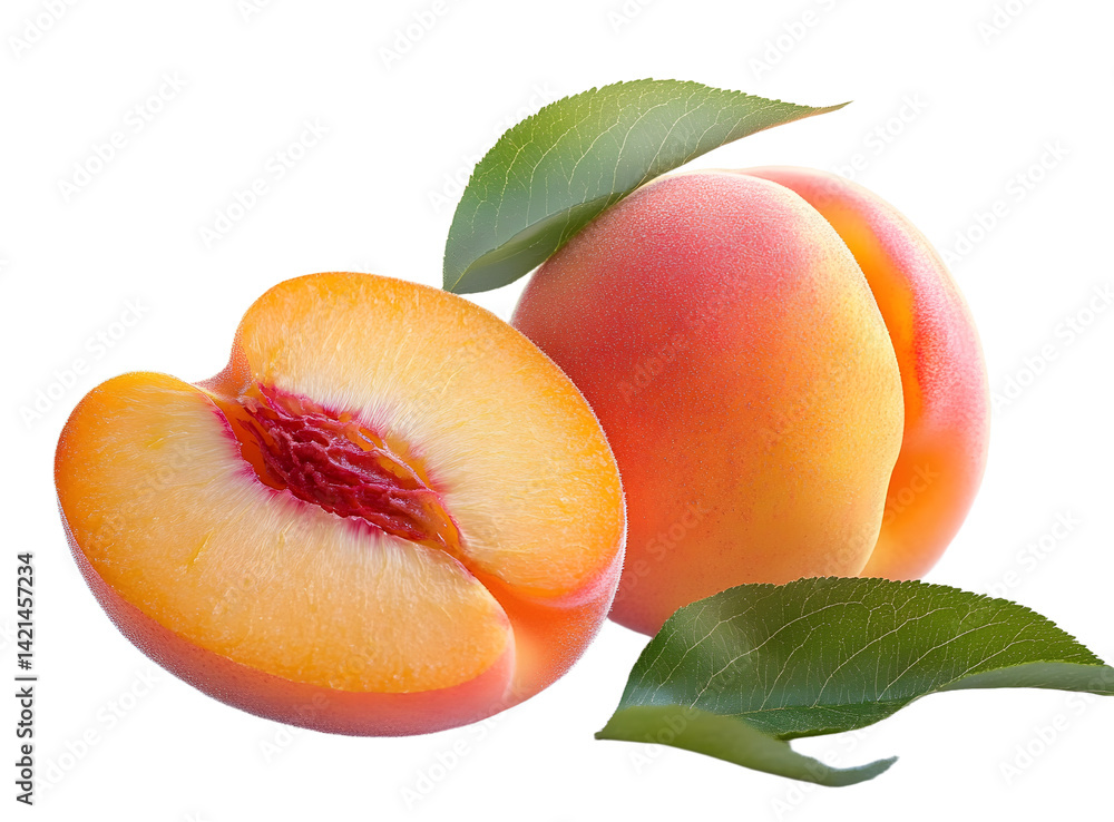Poster Peach isolated png. Peach with a slice on transparent background. PNG format. Peaches with leaf no background. Full depth of field.