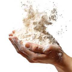 Fototapeta premium Capturing moment of flour tossed from open hand, symbolizing baking, cooking, and culinary arts. Ideal for food enthusiasts, recipe blogs, and baking tutorials.