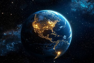 Obraz premium Beautiful Earth from Space with City Lights Illuminating the Blue and Dark Surface, Surrounded by Starry Sky and Nebulae, Features Realistic Satellite View, Cosmic Depth and Vivid