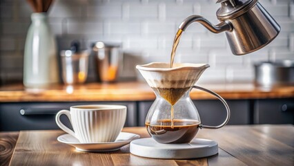 Hot Water Being Poured Over Ground Coffee in Modern Kitchen