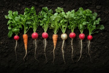 Freshly Harvested Radishes and Carrots in Dark Soil Vibrant Colors Farm Fresh Produce