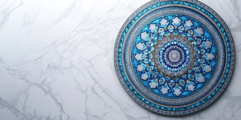 Obraz premium Intricate blue decorative plate with detailed geometric patterns rests serenely