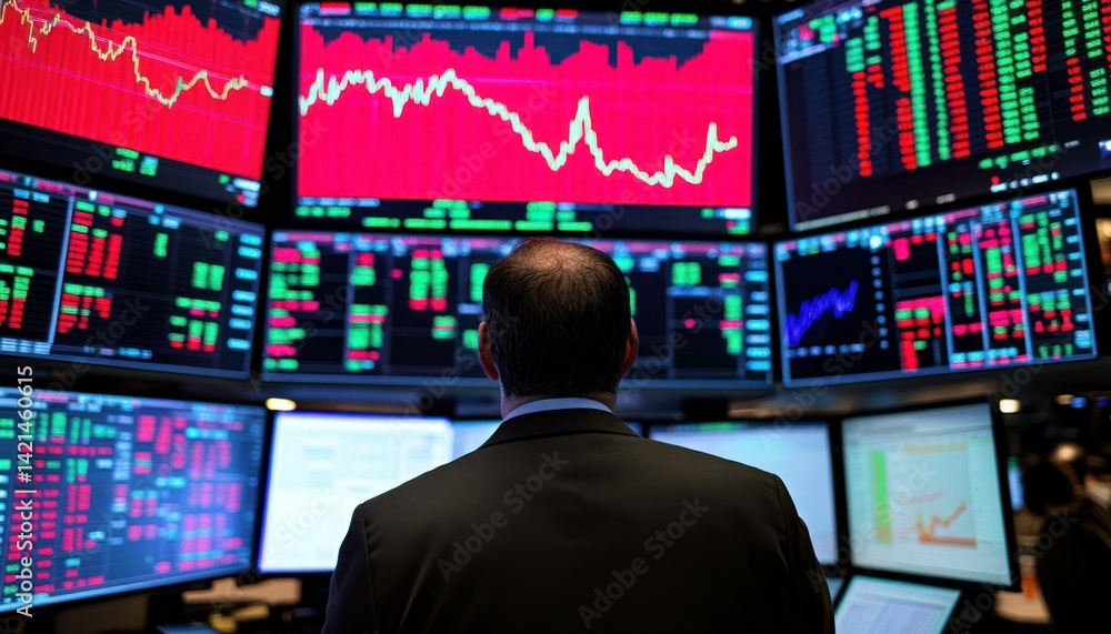 Poster Intense stock market analysis by a trader in front of multiple display screens