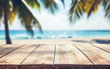 Wooden table beach background