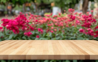 Wooden table top, blurred garden background