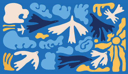 Groovy abstract vector with birds, sea and sun in blue and yellow wavy style. Stylish abstract vector in groovy 70s style with flying birds, ocean vibes, clouds and sun.