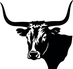 Black and White Silhouette of Longhorn Bull with Large Horns Isolated on White