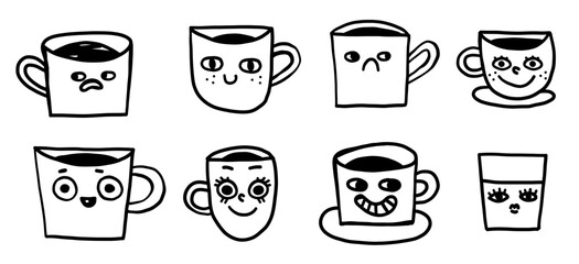Coffee cup icon symbols hand drawn in simple doodle sketch style. Hot mug cup with espresso, latte, cappuccino milk drinks  set vector food illustration collection for decoration.
