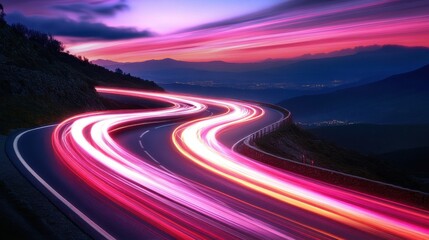 Winding mountain road at sunset, illuminated by streaks of light.