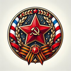 A badge dedicated to Victory Day on May 9 with a large red star in the center, symbols of victory and flags