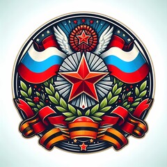 A round icon on the theme of the Victory day on May 9. The badge depicts the Russian flag, a red star, and the St. George ribbon.