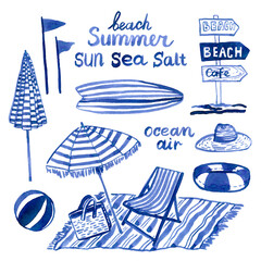 Hand drawn watercolor coastal resort stuff with lounge chair, bag, umbrella, surf, towel. Can use for print, clothes print, t-shirt, poster, check-list, invitation, illustration, element design.
