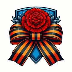 Victory Day badge on May 9 with a bow made of the St. George ribbon against the background of a blue shield, with a large red carnation in the center