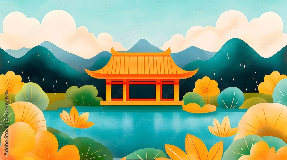 Poster 池に映るオレンジ色の屋根の建物と緑豊かな木々 山々と雲が広がる水彩画のような風景