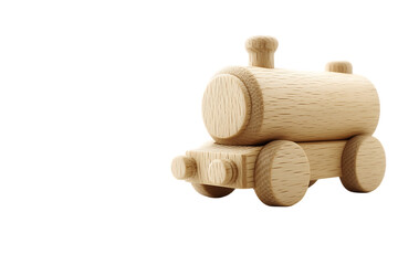 Simple Wooden Toy Train Engine, Natural Grain, Minimalist Design on White.