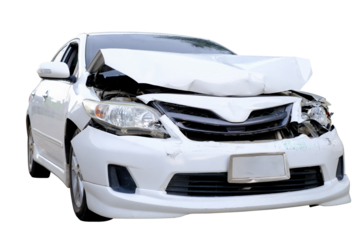 Car crash, Front and Side view of white sedan car get damaged by accident on the road. damaged cars after collision. isolated on transparent background. PNG File