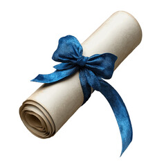 Volumetric illustration of a diploma scroll tied with a blue ribbon on a neutral background