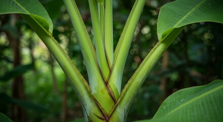Obraz premium Botanical Close Up of Banana Musa Acuminata Stem Structure and Leaf Arrangement Showing Intricate Details in Natural Lighting