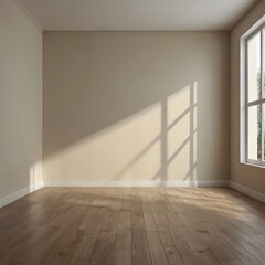 Empty Neutral Wall Mockup with Natural Light &ndash; Cream Wall and Wooden Floor Interior Background