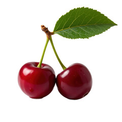 Two ripe cherries with a green leaf attached, isolated on a transparent background.