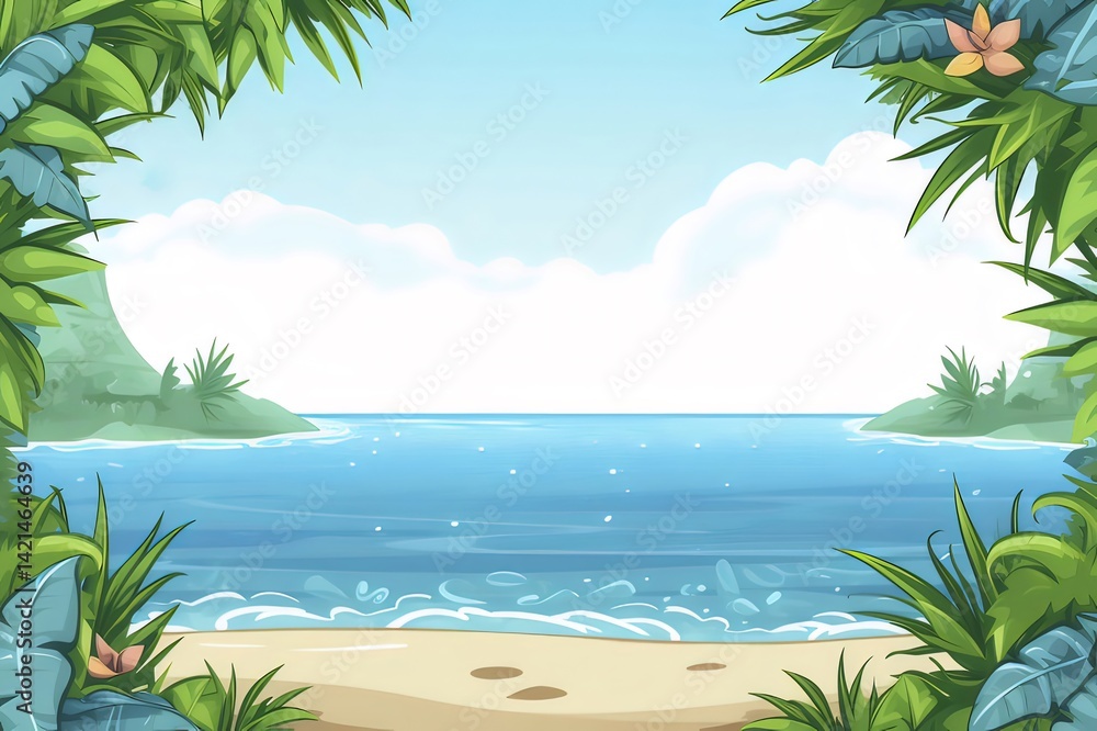 Poster 熱帯の島の風景画 ビーチの風景 フレームに葉と植物の装飾 青い海と晴れた空の背景