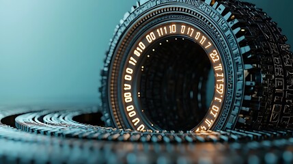 Fototapeta premium Intricate metallic wheel with glowing numbers. A dark tunnel of complex details