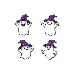 Cute Cartoon Ghosts with Witch Hats Vector Illustration