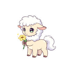 Fototapeta premium Cute Cartoon Sheep Holding Yellow Flower