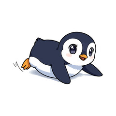 Playful Cartoon Penguin Lying on Belly with Blushing Cheek