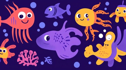 Vibrant Underwater World: Colorful Cartoon Sea Creatures Illustration