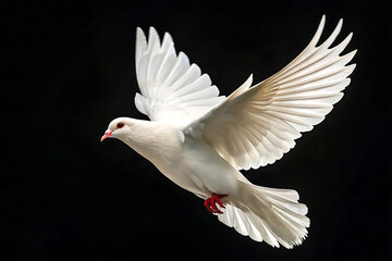 Fototapeta premium white dove on black background, Dove in Flight Isolated on Black Background