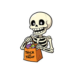 Cartoon Skeleton Holding a Trick-or-Treat Candy Bag, vector halloween graphic for t shirt