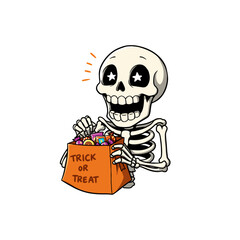 Cartoon Skeleton Holding a Trick-or-Treat Candy Bag, vector halloween graphic for t shirt
