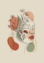 Abstract Botanical Face Line Art with Earthy Tones
