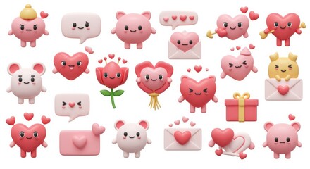 Obraz premium Cute Pink Hearts And Animal Characters 3D Render Valentine's Day Illustration