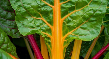 Detailed Botanical Close Up of Chard Beta Vulgaris Var Cicla Showing Intricate Leaf Veins and Colorful Stems in Natural Lighting Perfect for Decoration