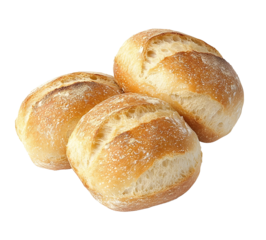 Three crusty bread rolls isolated on white background