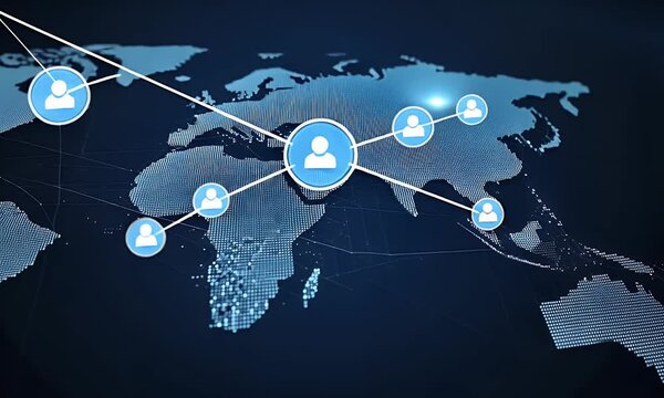  A world map with global network connections, symbolizing the of Earth's countries and cities. The background is dark blue to represent technology or cybersecurity. There should be 