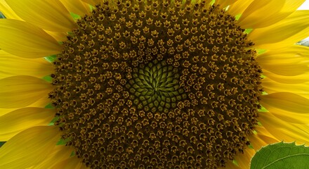 Detailed Botanical Close Up Of Sunflower Highlighting Seed Head and Green Leaf Structure Emphasizing Vibrant Yellow Petals Under Bright Natural Sunlight
