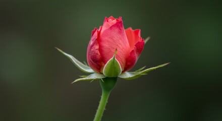 Detailed Botanical Garden Rose Rosa Chinensis Bud Transition with Soft Focus and Water Droplets