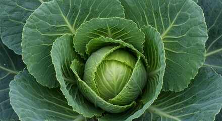 Obraz premium Detailed Botanical Real Shot of a Green Cabbage Brassica Oleracea Depicting Leaf Layers and Head Formation Showing Freshness Growth and Natural Agriculture Food Photography