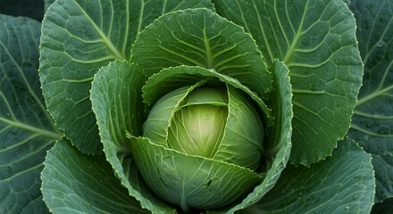 Obraz premium Detailed Botanical Real Shot of a Vibrant Green Cabbage Brassica Oleracea Showcasing Intricate Leaf Layers and Head Formation Perfect for Culinary and Educational Visuals