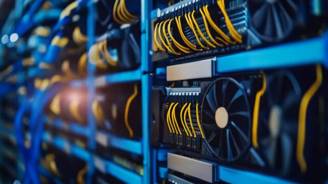 Close-Up Footage of a Mining Farm's GPU Racks in Operation for Data Processing