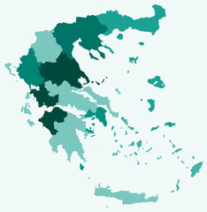 Map of Greece with regions. Just a simple country border map with region division. Teal color palette. Blank Hellenic Republic shape with administrative division. Vector illustration.