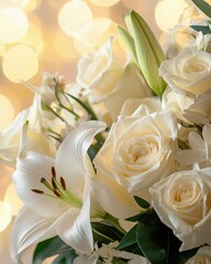 Obraz premium Luminous White Lily and Rose Bouquet with Bokeh Lights
