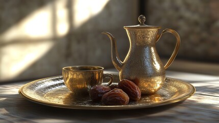 Golden arabic coffee pot set with dates on tray cup food life rich warm home metal drink still shiny